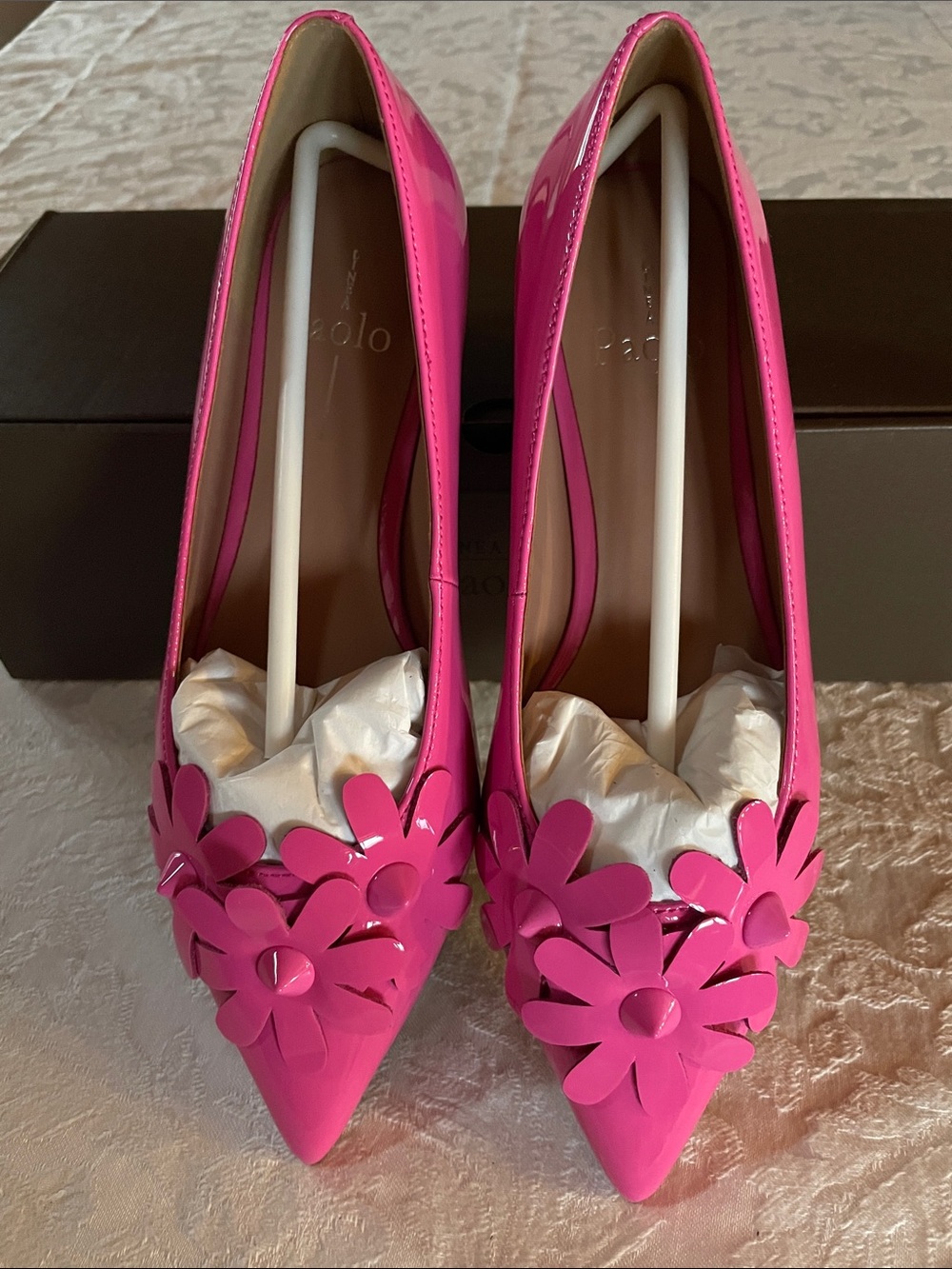 PAOLO Bright Pink Leather Floral Patent Pointed-Toe Pumps Sz 51/2